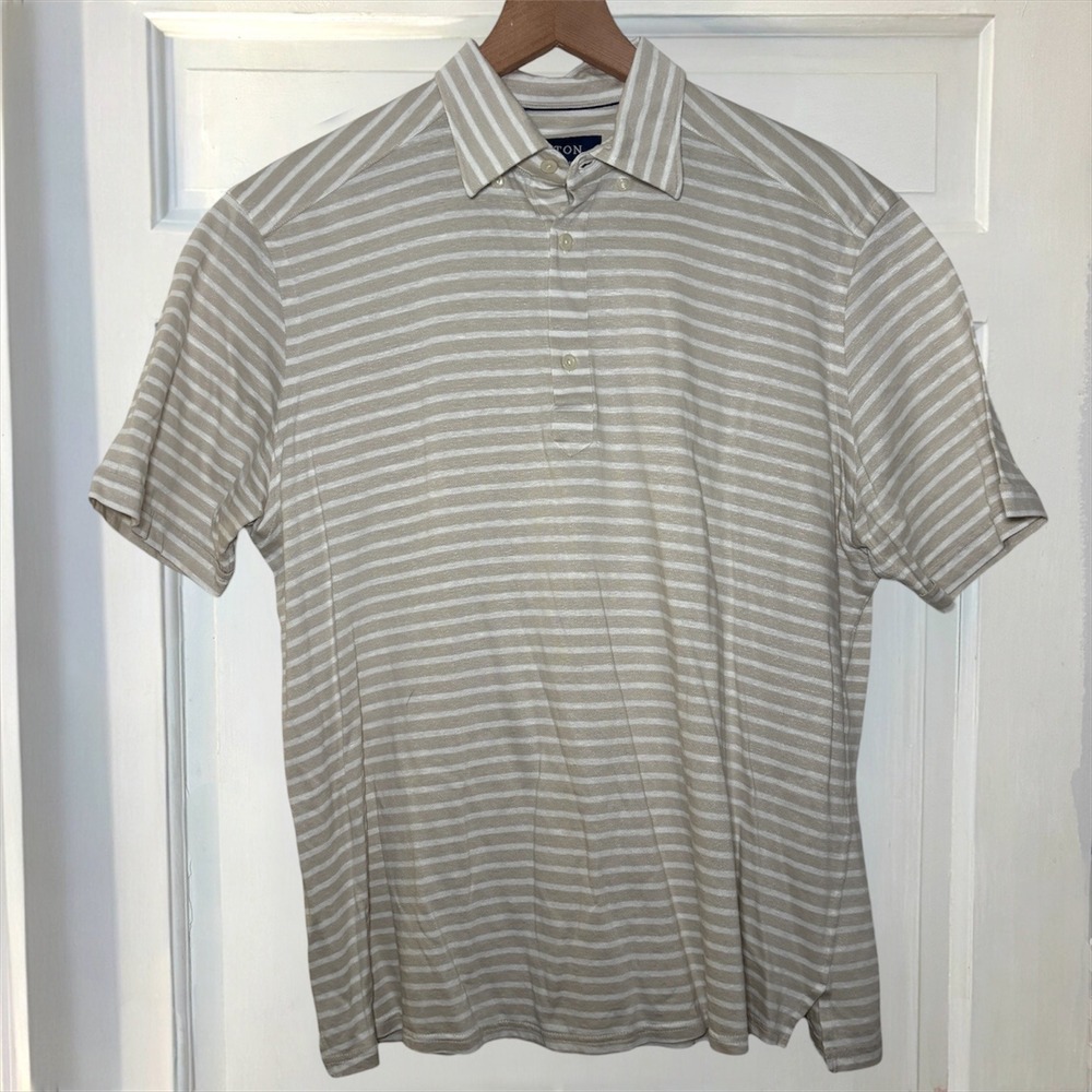 Eton Contemporary Linen Blend Pique Polo Shirt Mens L Tan White Striped - Picture 4 of 7